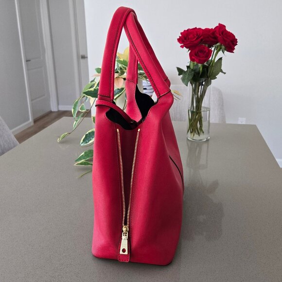 DKNY Red Genuine Leather Zip Side Tote Bag with Pouch Black Interior Gold Logo - Picture 5 of 17